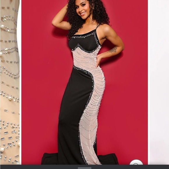 BLACK HEART SHAPED RHINESTONE PEARL NUDE MESH ONE SHOULDER FULL LENGTH GOWN XL - Picture 3 of 16